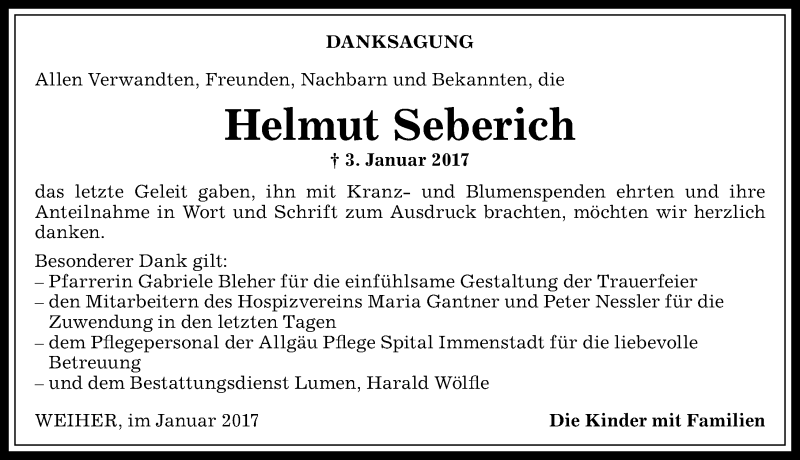 Traueranzeige von Helmut Seberich von Allgäuer Anzeigeblatt