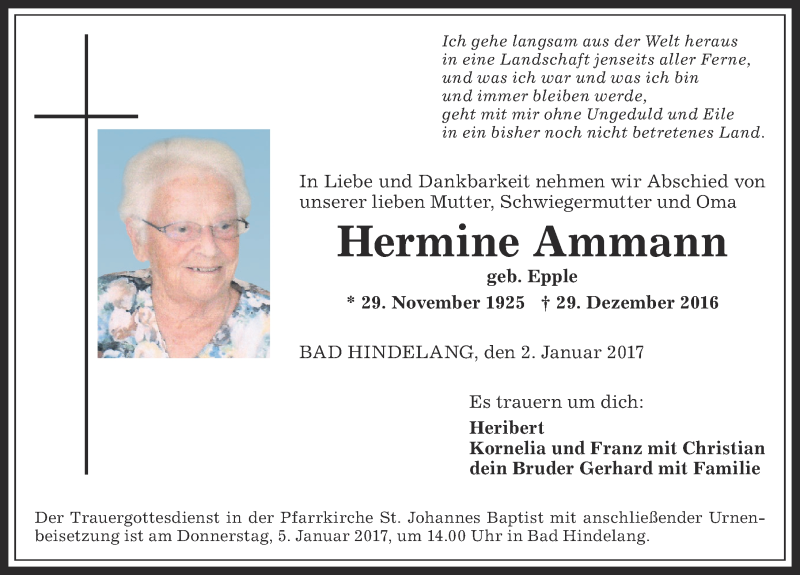 Traueranzeige von Hermine Ammann von Allgäuer Anzeigeblatt