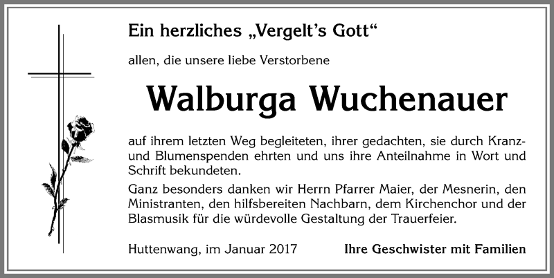 Traueranzeige von Walburga Wuchenauer von Allgäuer Zeitung, Marktoberdorf