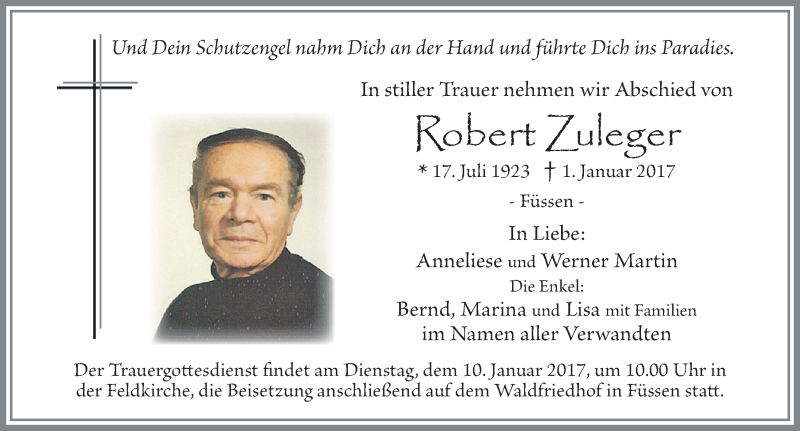 Traueranzeige von Robert Zuleger von Allgäuer Zeitung, Füssen