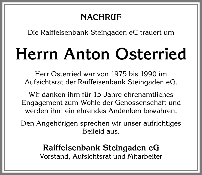 Traueranzeige von Anton Osterried von Allgäuer Zeitung, Füssen