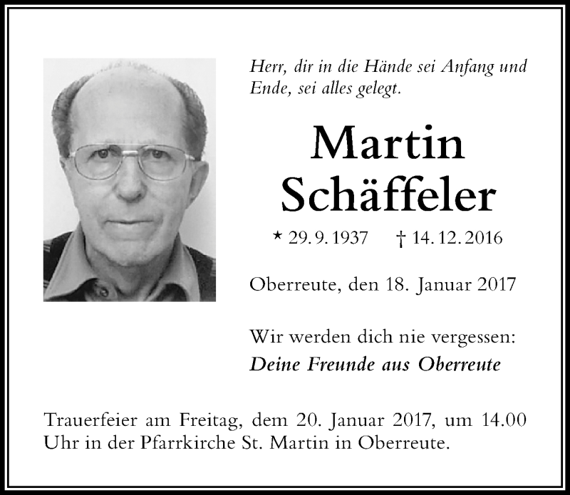 Traueranzeige von Martin Schäffeler von Der Westallgäuer