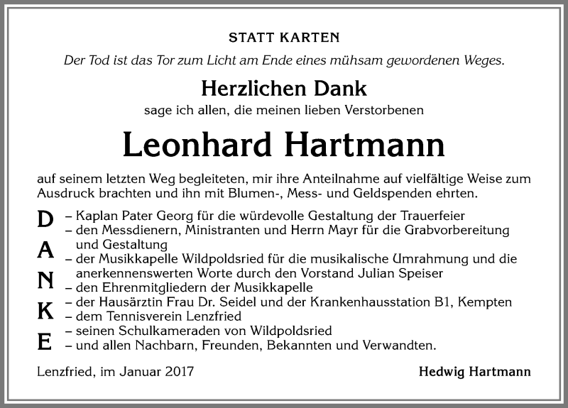 Traueranzeige von Leonhard Hartmann von Allgäuer Zeitung,Kempten