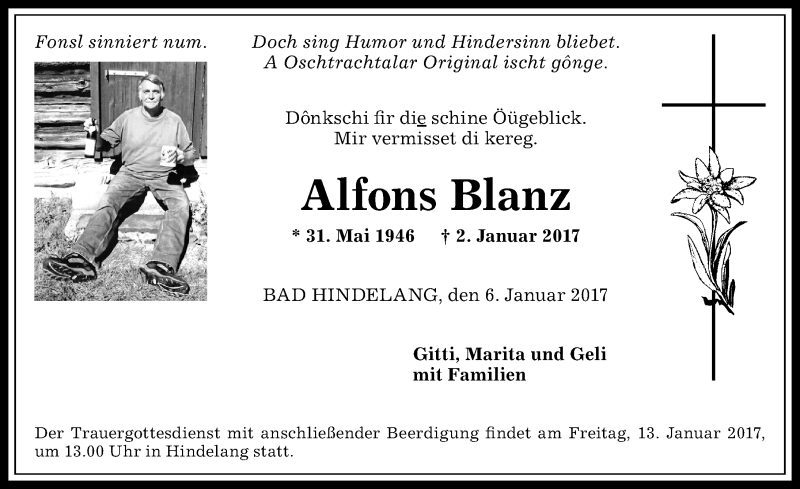 Traueranzeige von Alfons Blanz von Allgäuer Anzeigeblatt