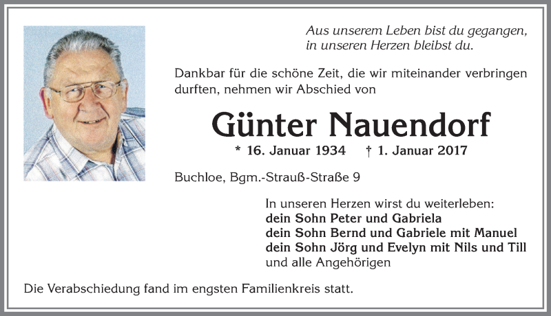 Traueranzeige von Günter Nauendorf von Allgäuer Zeitung, Kaufbeuren/Buchloe