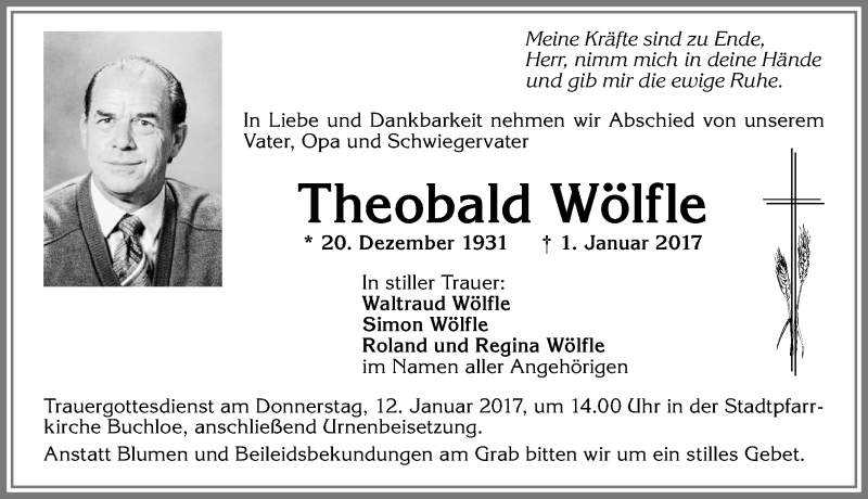 Traueranzeige von Theobald Wölfle von Allgäuer Zeitung, Kaufbeuren/Buchloe