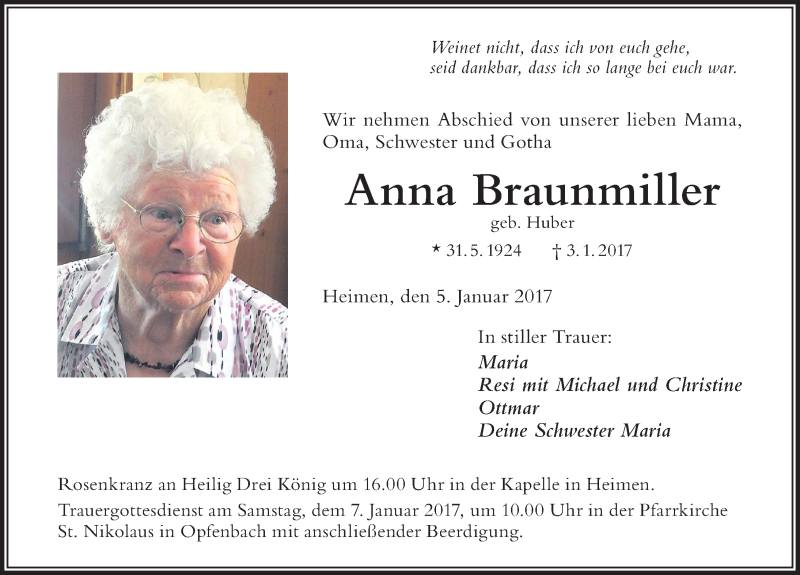 Traueranzeige von Anna Braunmiller von Der Westallgäuer