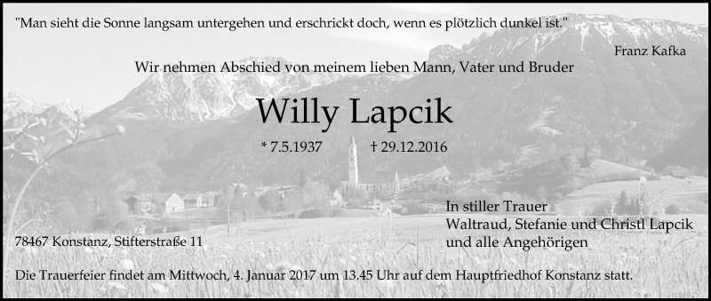 Traueranzeige von Willy Lapcik von Allgäuer Zeitung, Füssen