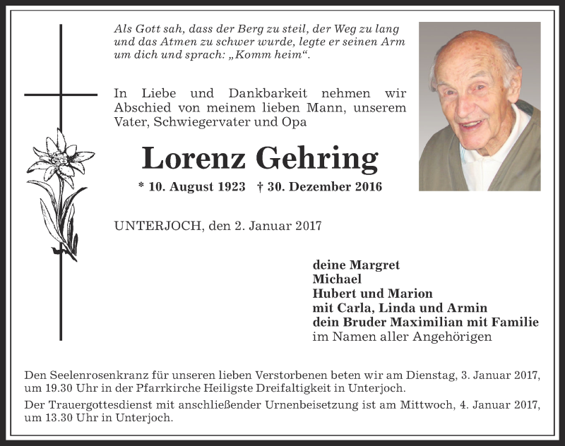 Traueranzeige von Lorenz Gehring von Allgäuer Anzeigeblatt