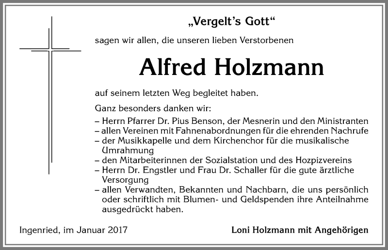 Traueranzeige von Alfred Holzmann von Allgäuer Zeitung, Kaufbeuren/Buchloe