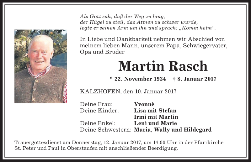 Traueranzeige von Martin Rasch von Allgäuer Anzeigeblatt