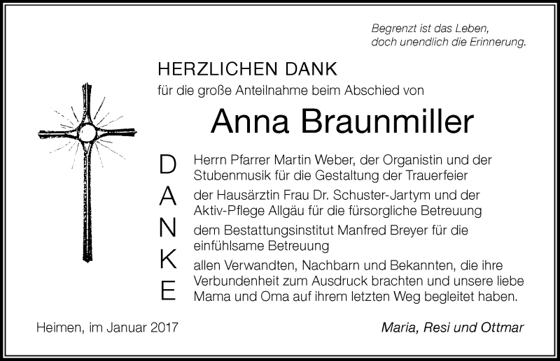 Traueranzeige von Anna Braunmiller von Der Westallgäuer