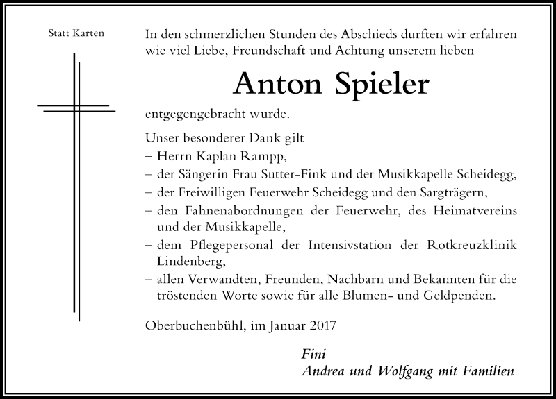 Traueranzeige von Anton Spieler von Der Westallgäuer