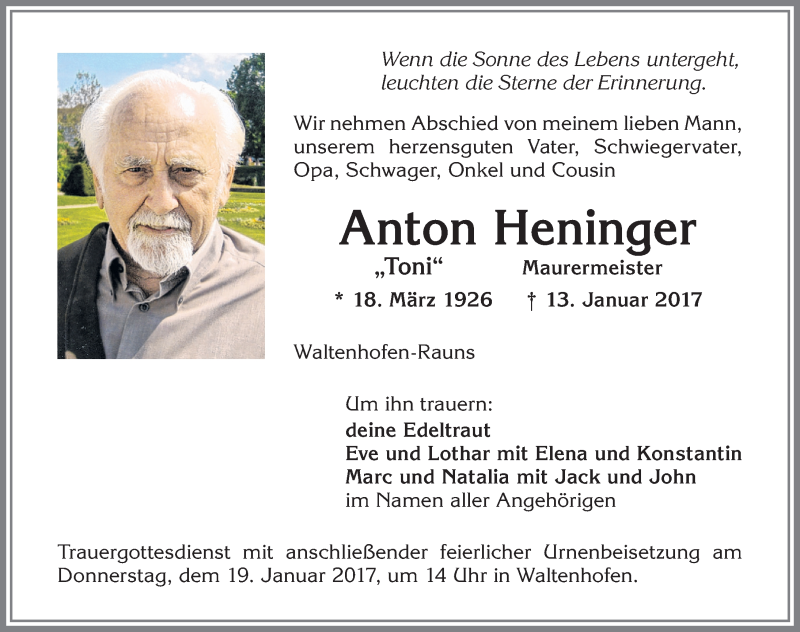 Traueranzeige von Anton Heninger von Allgäuer Zeitung,Kempten