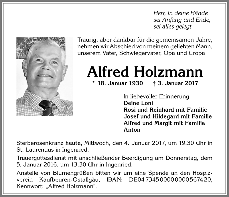 Traueranzeige von Alfred Holzmann von Allgäuer Zeitung, Kaufbeuren/Buchloe