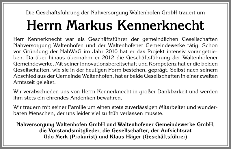 Traueranzeige von Markus Kennerknecht von Allgäuer Zeitung,Kempten