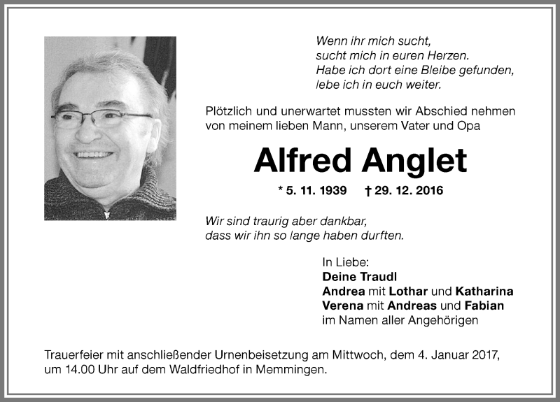 Traueranzeige von Alfred Anglet von Memminger Zeitung