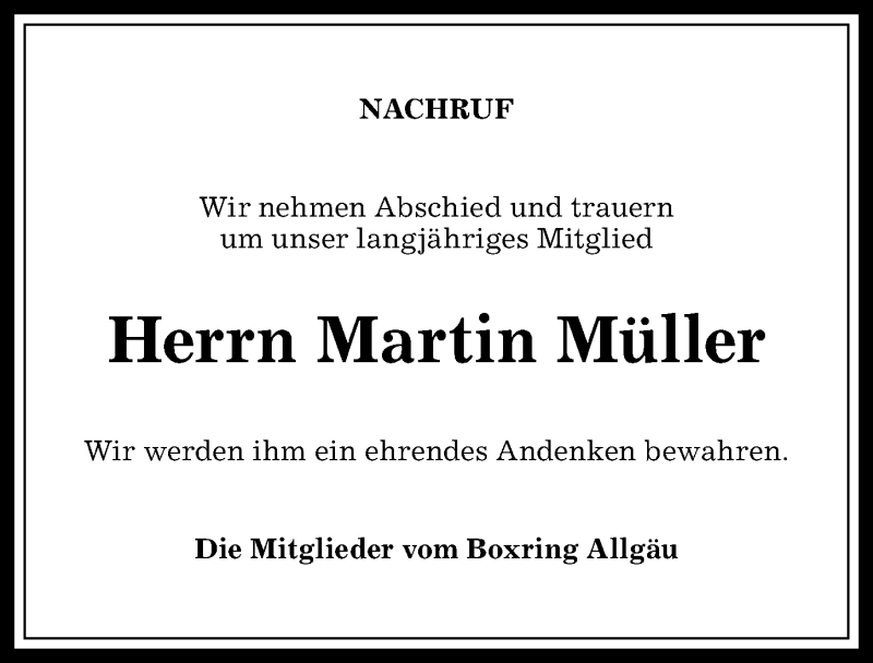 Traueranzeige von Martin Müller von Allgäuer Anzeigeblatt