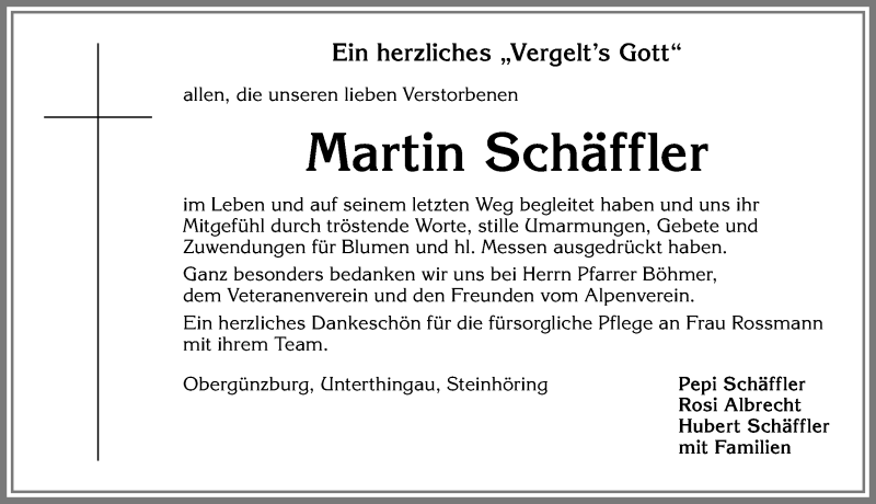 Traueranzeige von Martin Schäffler von Allgäuer Zeitung, Marktoberdorf