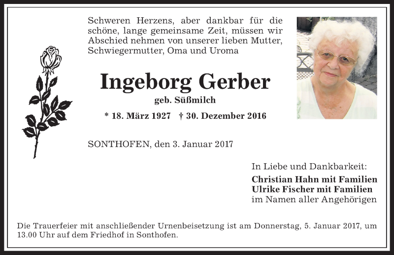 Traueranzeige von Ingeborg Gerber von Allgäuer Anzeigeblatt