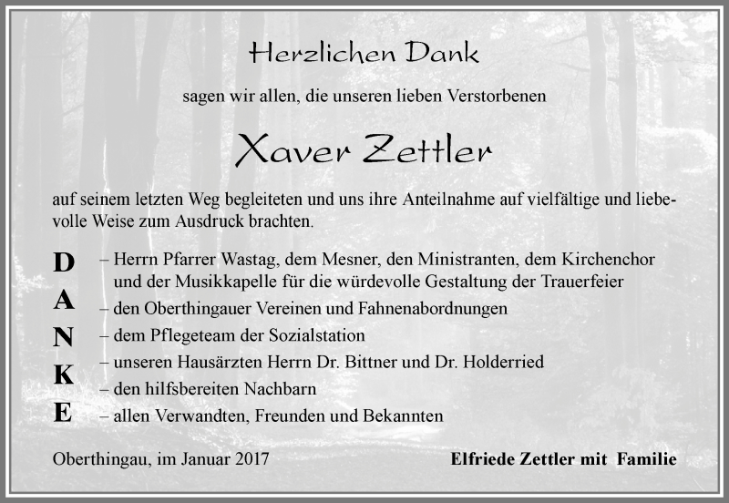 Traueranzeige von Xaver Zettler von Allgäuer Zeitung, Marktoberdorf