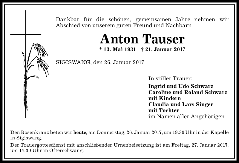 Traueranzeige von Anton Tauser von Allgäuer Anzeigeblatt