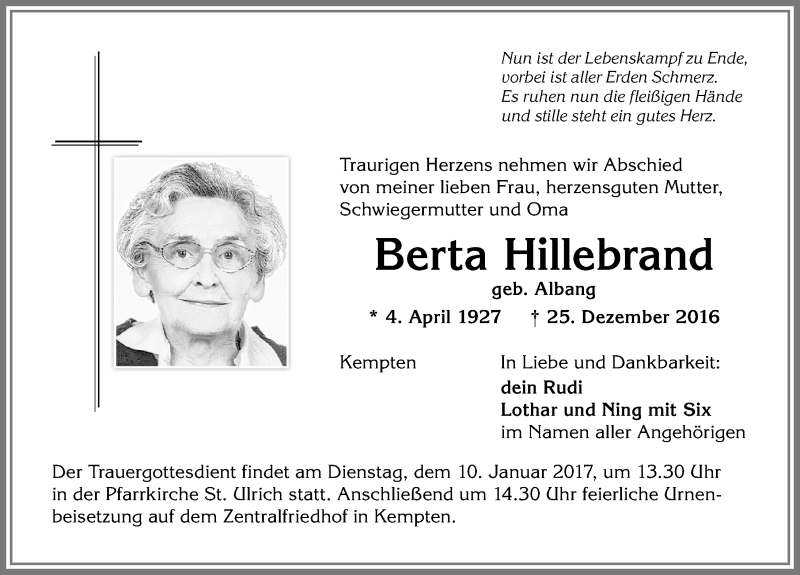 Traueranzeige von Berta Hillebrand von Allgäuer Zeitung,Kempten