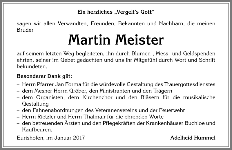 Traueranzeige von Martin Meister von Allgäuer Zeitung, Kaufbeuren/Buchloe