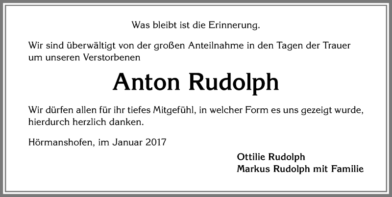 Traueranzeige von Anton Rudolph von Allgäuer Zeitung, Marktoberdorf