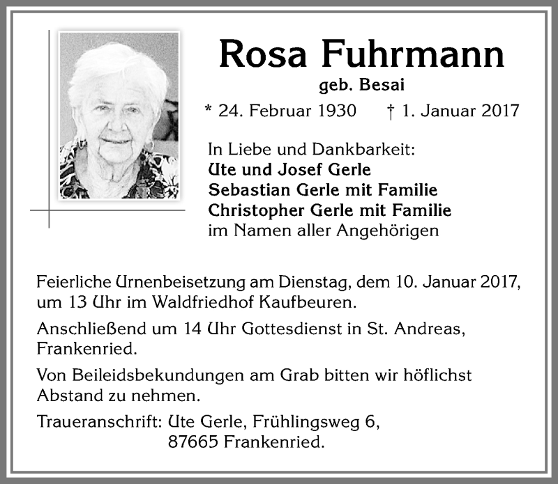 Traueranzeige von Rosa Fuhrmann von Allgäuer Zeitung, Kaufbeuren/Buchloe