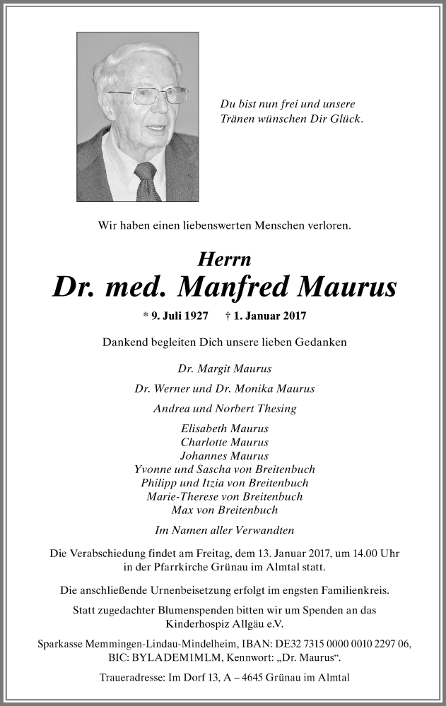 Traueranzeige von Manfred Maurus von Memminger Zeitung