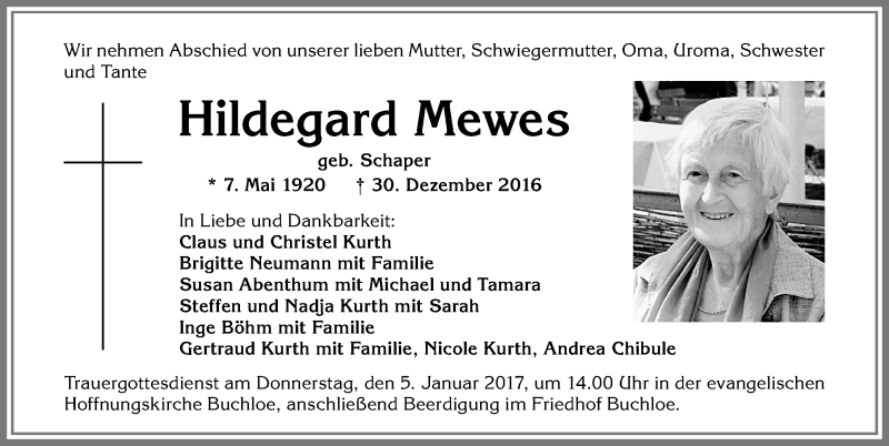 Traueranzeige von Hildegard Mewes von Allgäuer Zeitung, Kaufbeuren/Buchloe