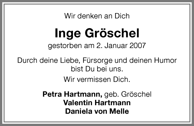 Traueranzeige von Inge Gröschel von Memminger Zeitung