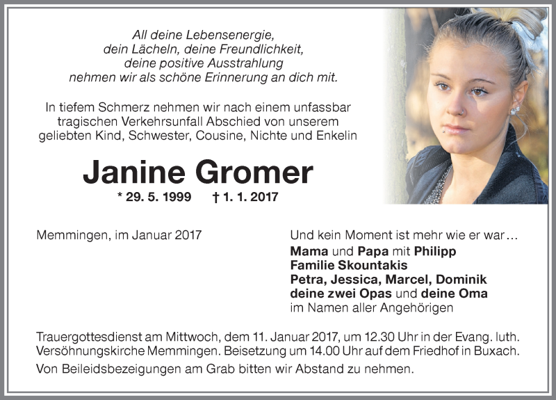 Traueranzeige von Janine Gromer von Memminger Zeitung