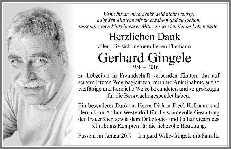 Traueranzeige von Gerhard Gingele von Allgäuer Zeitung, Füssen