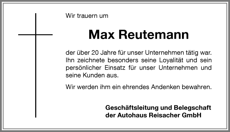 Traueranzeige von Max Reutemann von Memminger Zeitung