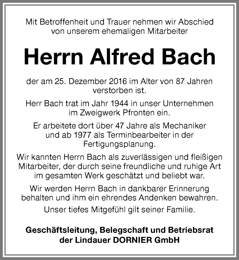 Traueranzeige von Alfred Bach von Allgäuer Zeitung, Füssen