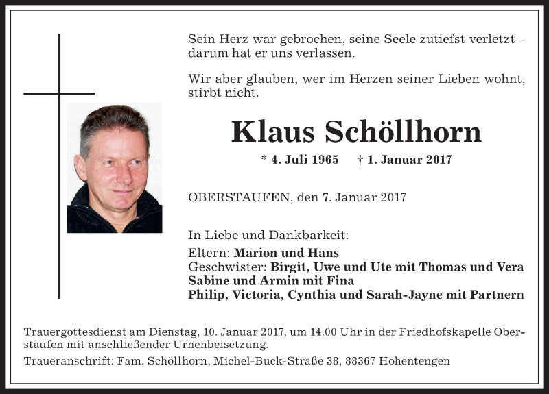 Traueranzeige von Klaus Schöllhorn von Allgäuer Anzeigeblatt