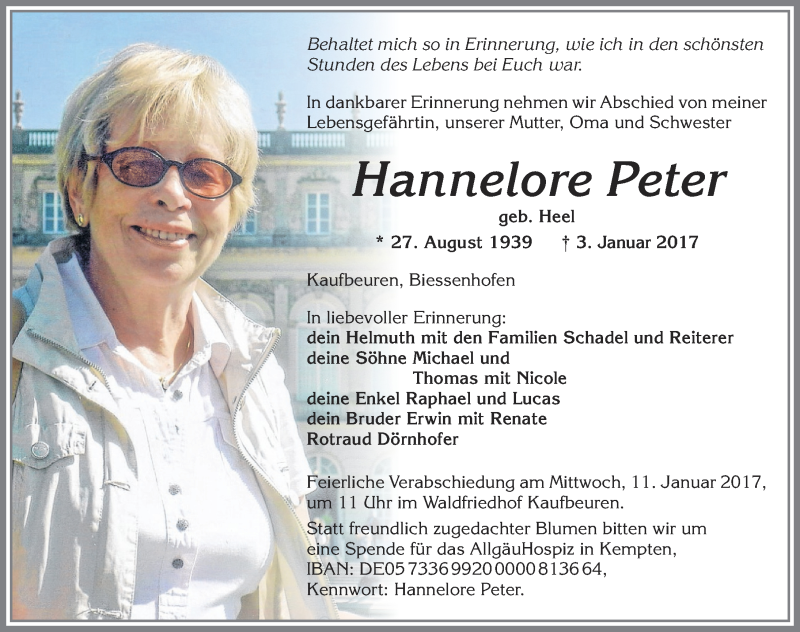 Traueranzeige von Hannelore Peter von Allgäuer Zeitung