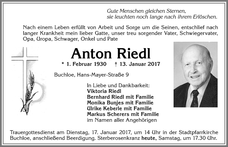 Traueranzeige von Anton Riedl von Allgäuer Zeitung, Kaufbeuren/Buchloe