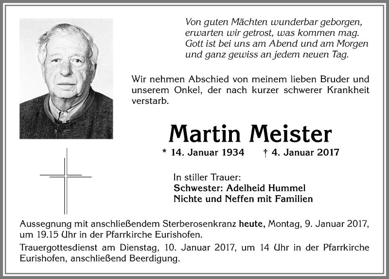 Traueranzeige von Martin Meister von Allgäuer Zeitung, Kaufbeuren/Buchloe