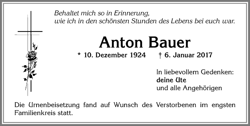 Traueranzeige von Anton Bauer von Allgäuer Zeitung, Kaufbeuren/Buchloe