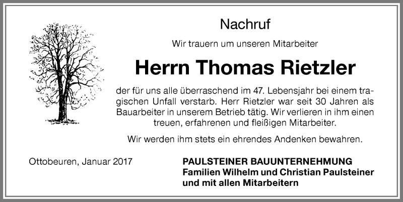 Traueranzeige von Thomas Rietzler von Memminger Zeitung