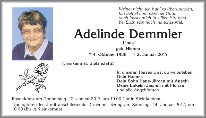 Traueranzeige von Adelinde Demmler von Allgäuer Zeitung, Kaufbeuren/Buchloe