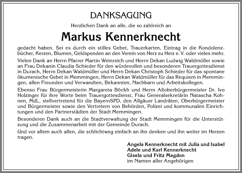 Traueranzeige von Markus Kennerknecht von Allgäuer Zeitung, Gesamtausgabe