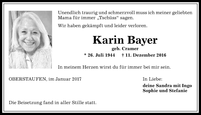 Traueranzeige von Karin Bayer von Allgäuer Anzeigeblatt