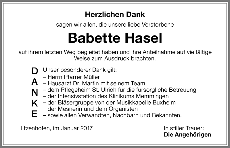 Traueranzeige von Babette Hasel von Memminger Zeitung