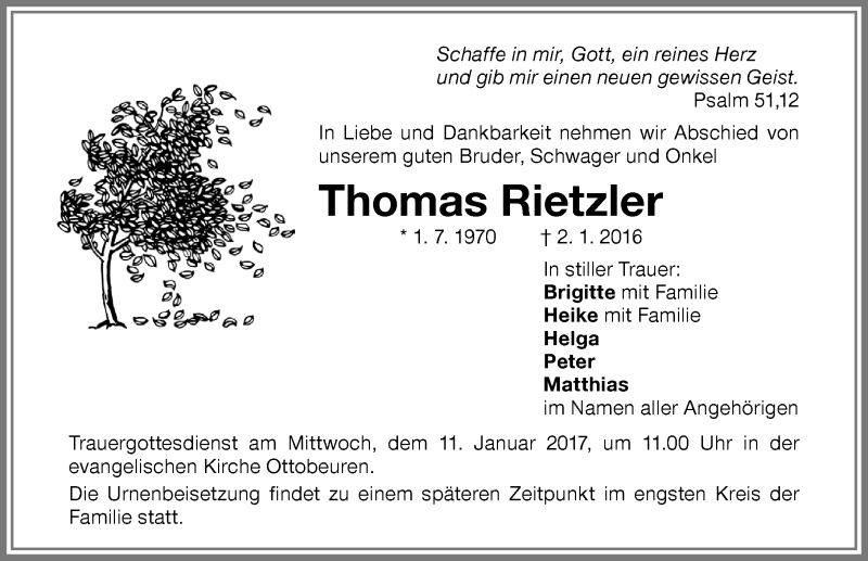 Traueranzeige von Thomas Rietzler von Memminger Zeitung