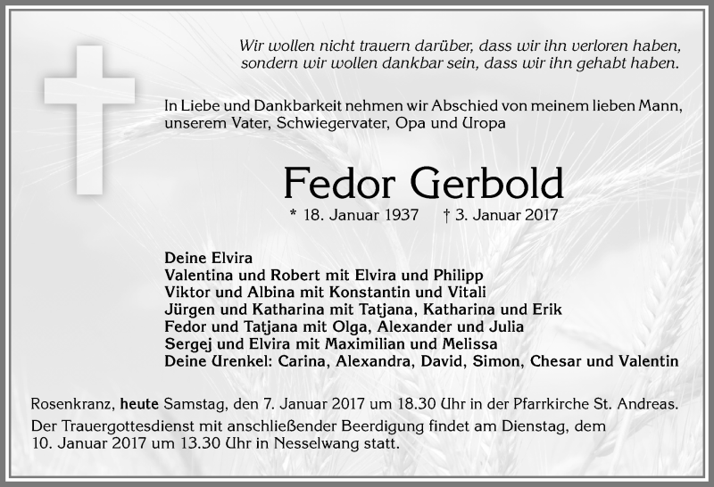 Traueranzeige von Fedor Gerbold von Allgäuer Zeitung, Füssen