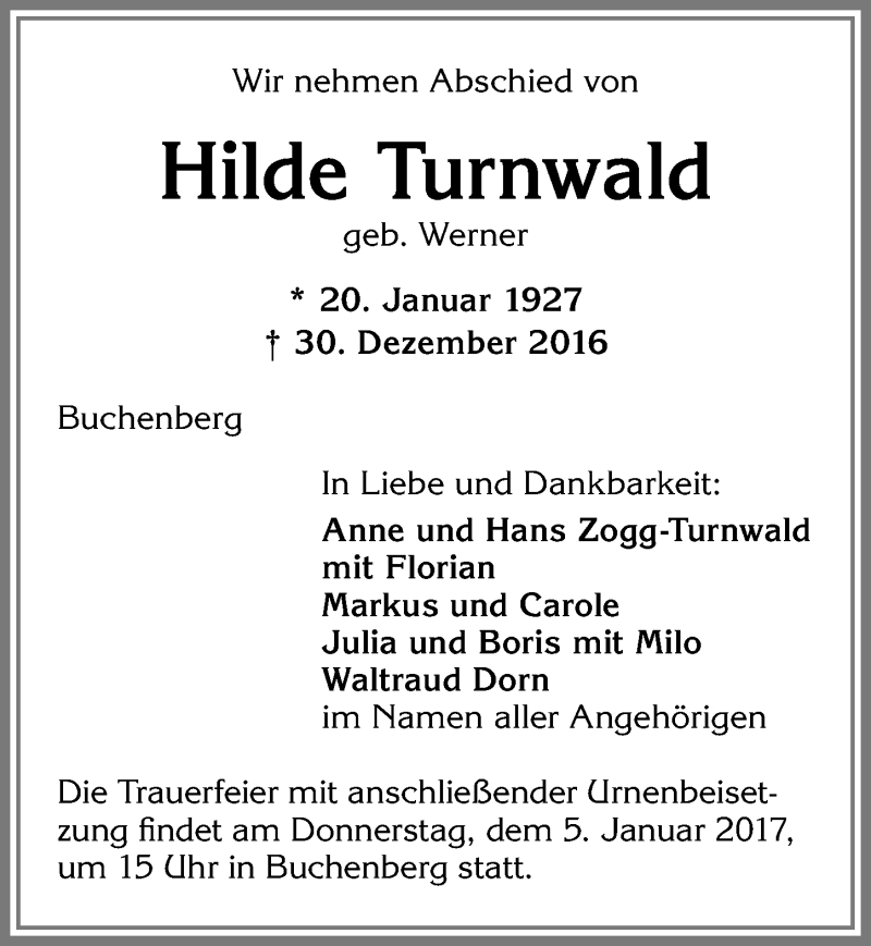 Traueranzeige von Hilde Turnwald von Allgäuer Zeitung,Kempten